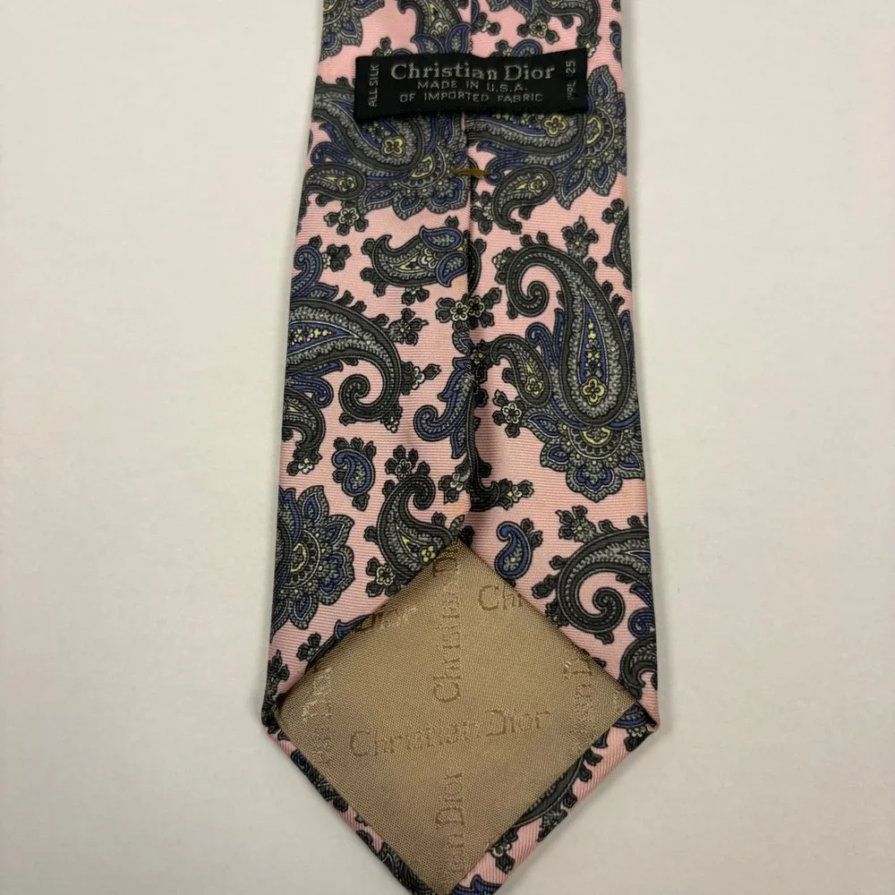 Christian Dior Mens Silk Paisley Tie Pink Blue Grey Made in USA Vintage